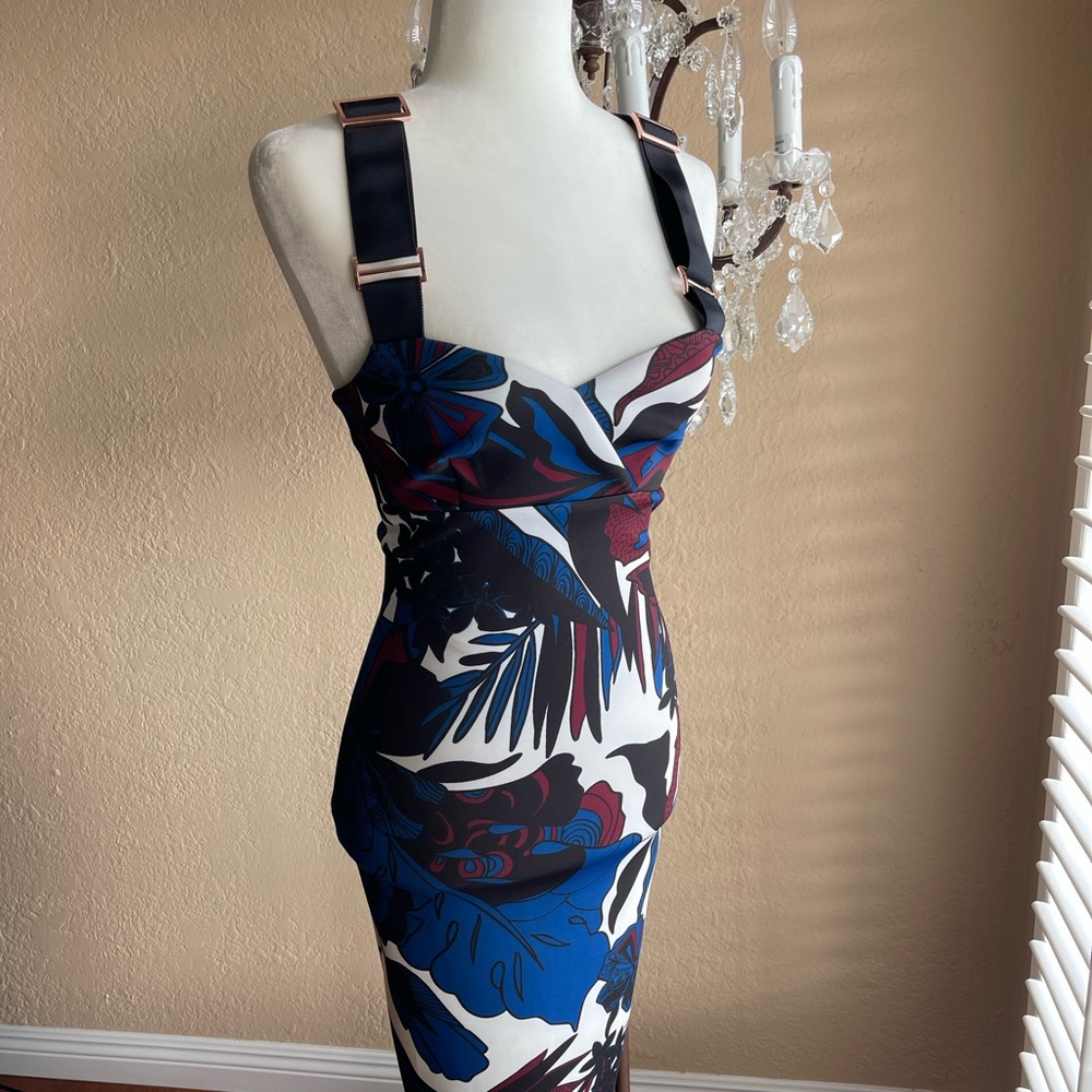 Ted Baker London Randela Blue White Woodblock Leaf Bodycon Midi Dress